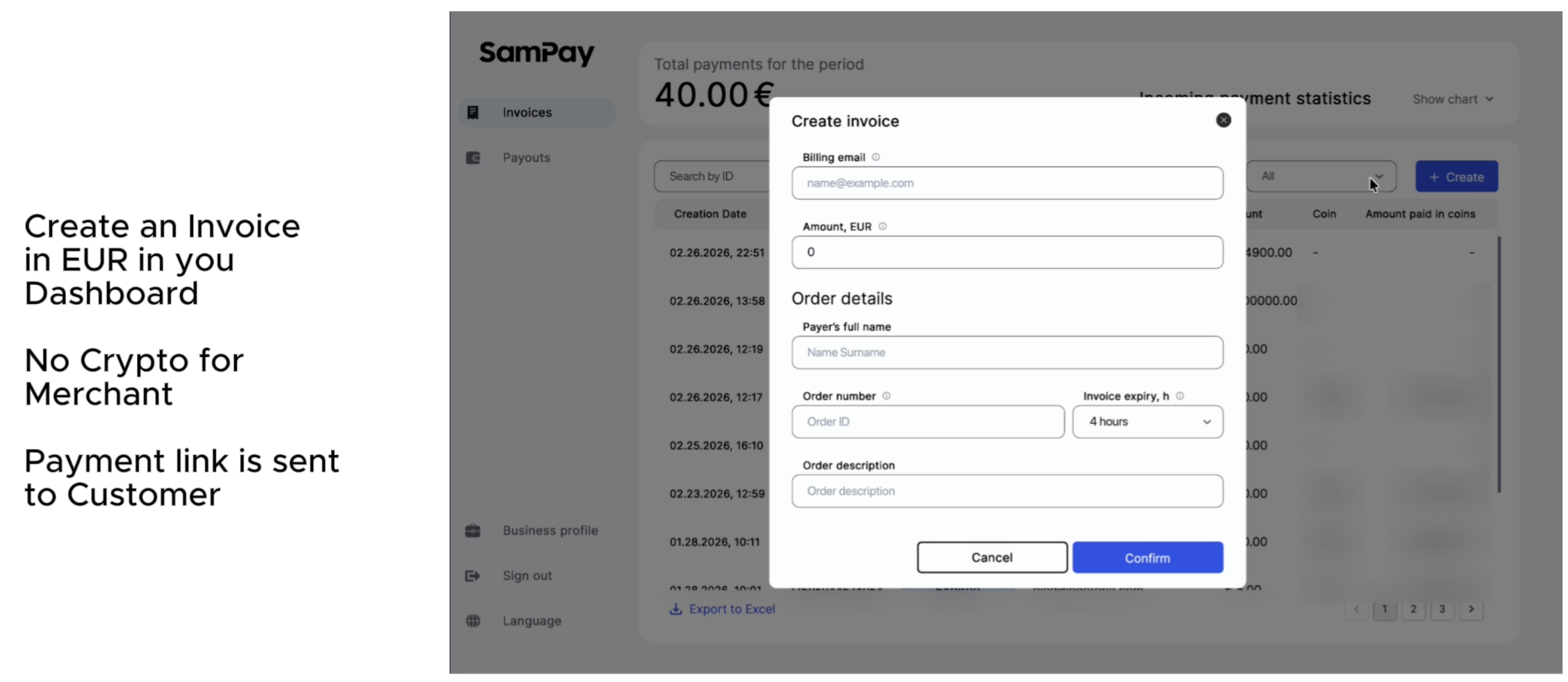 Création d'une facture en EUR pour un commerçant acceptant les paiements en crypto sans gérer directement la crypto