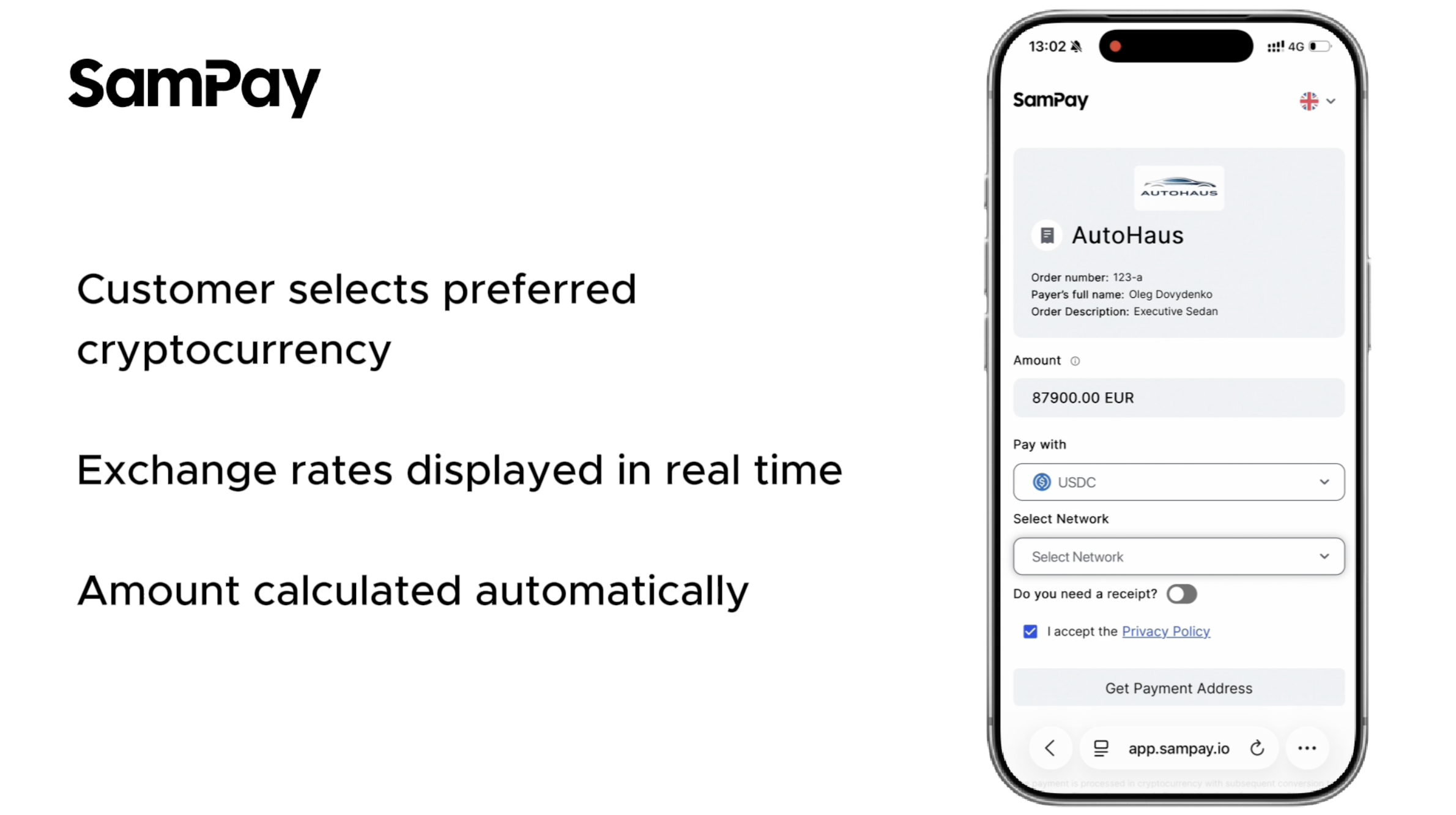 Page de paiement crypto claire qui rend le parcours client simple et adapté aux entreprises